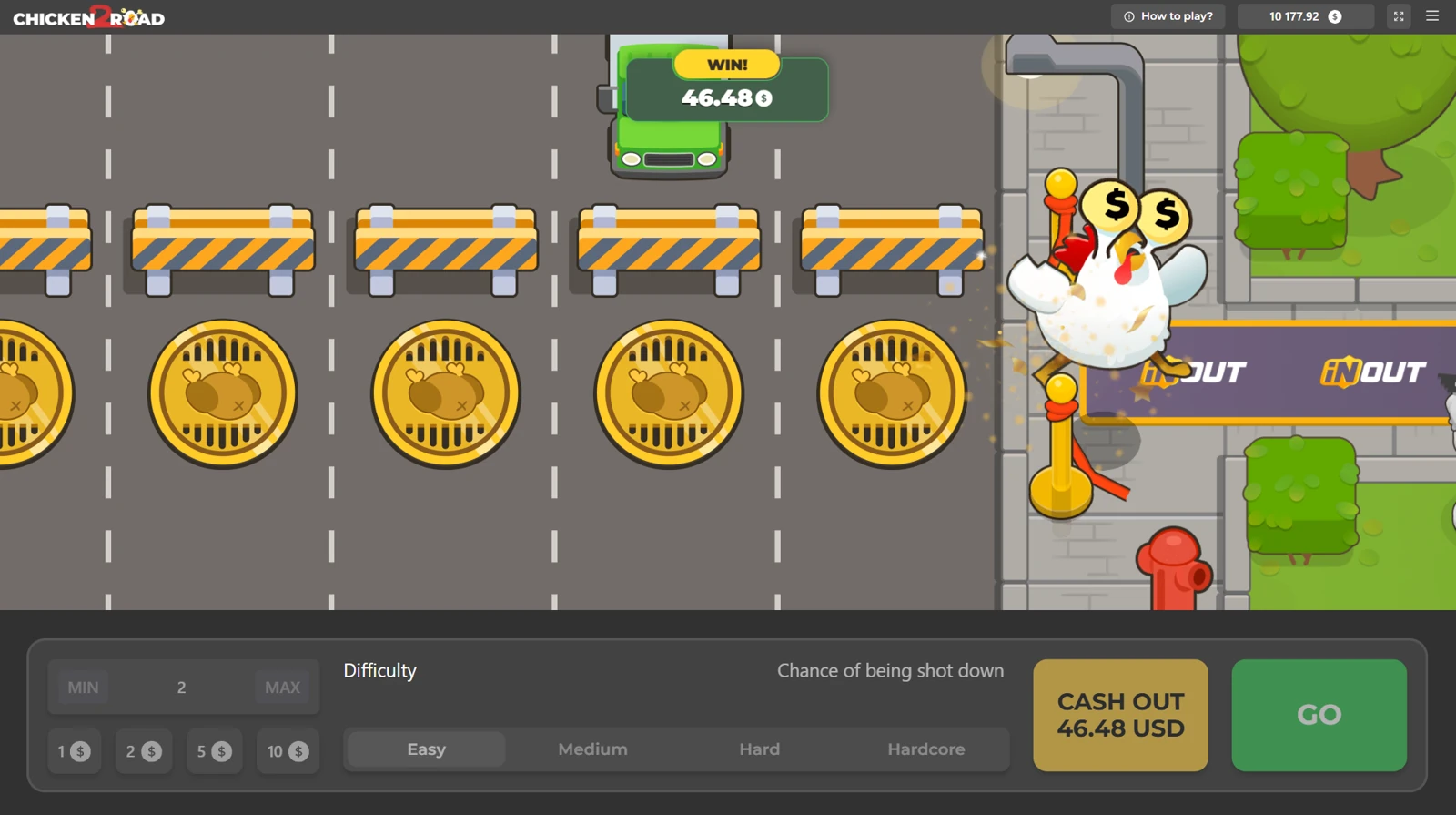 Original InOut Games screenshot: a successful round and Cash Out.